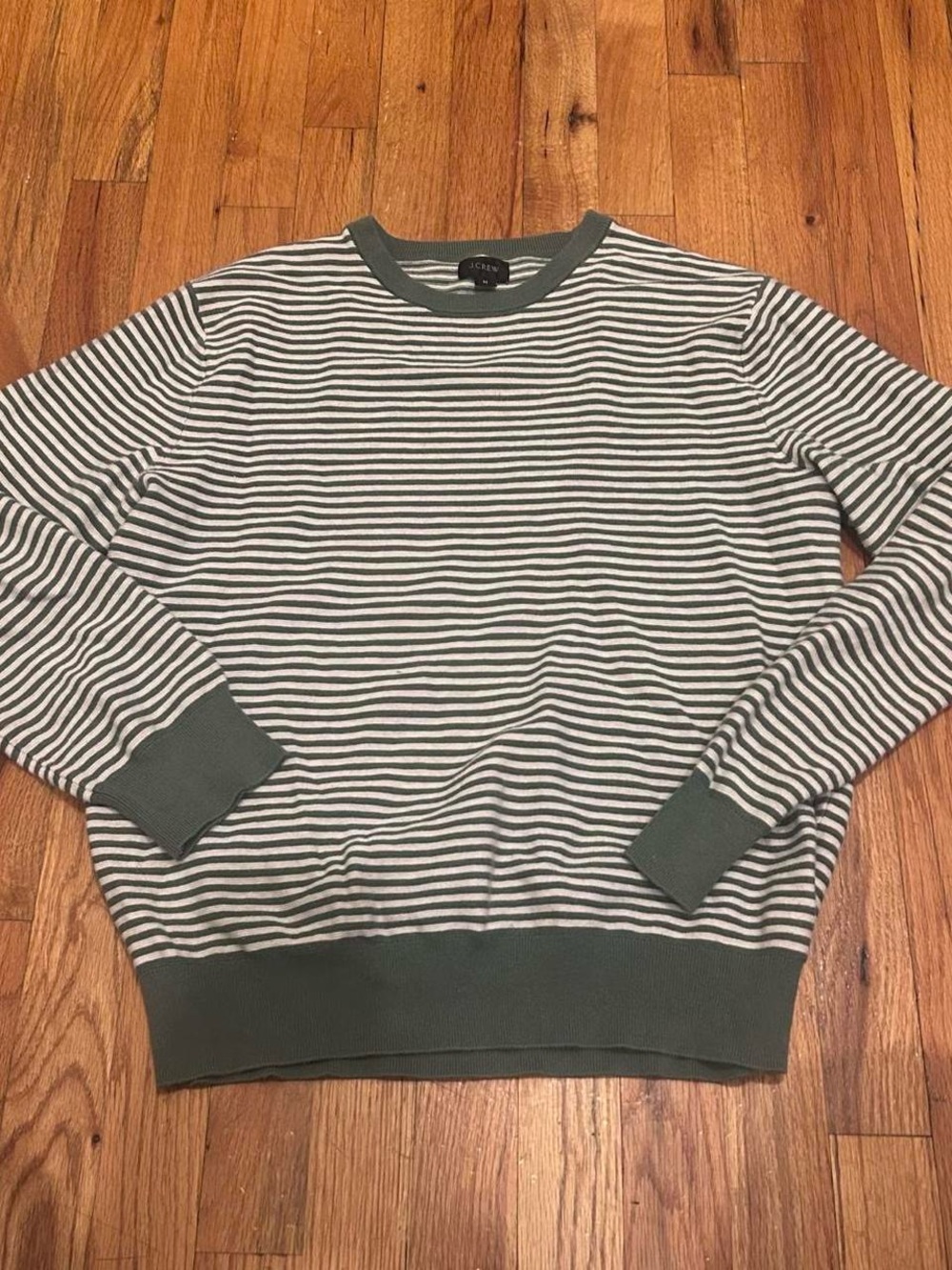 J. Crew Green and White Striped Crewneck Sweater